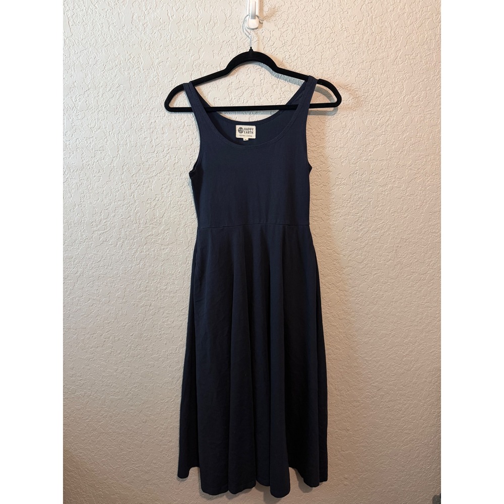 Happy Earth Organic Cotton Midi Pocket Dress Size S Sustainable Minimalist Navy